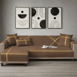 L Shape Velvet Sofa Cover - Brown 3 Seater