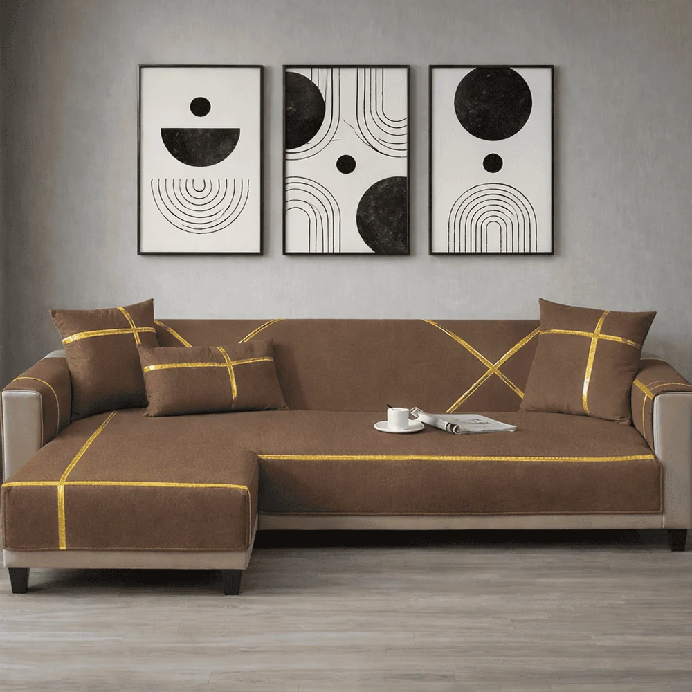 L Shape Velvet Sofa Cover - Brown 3 Seater