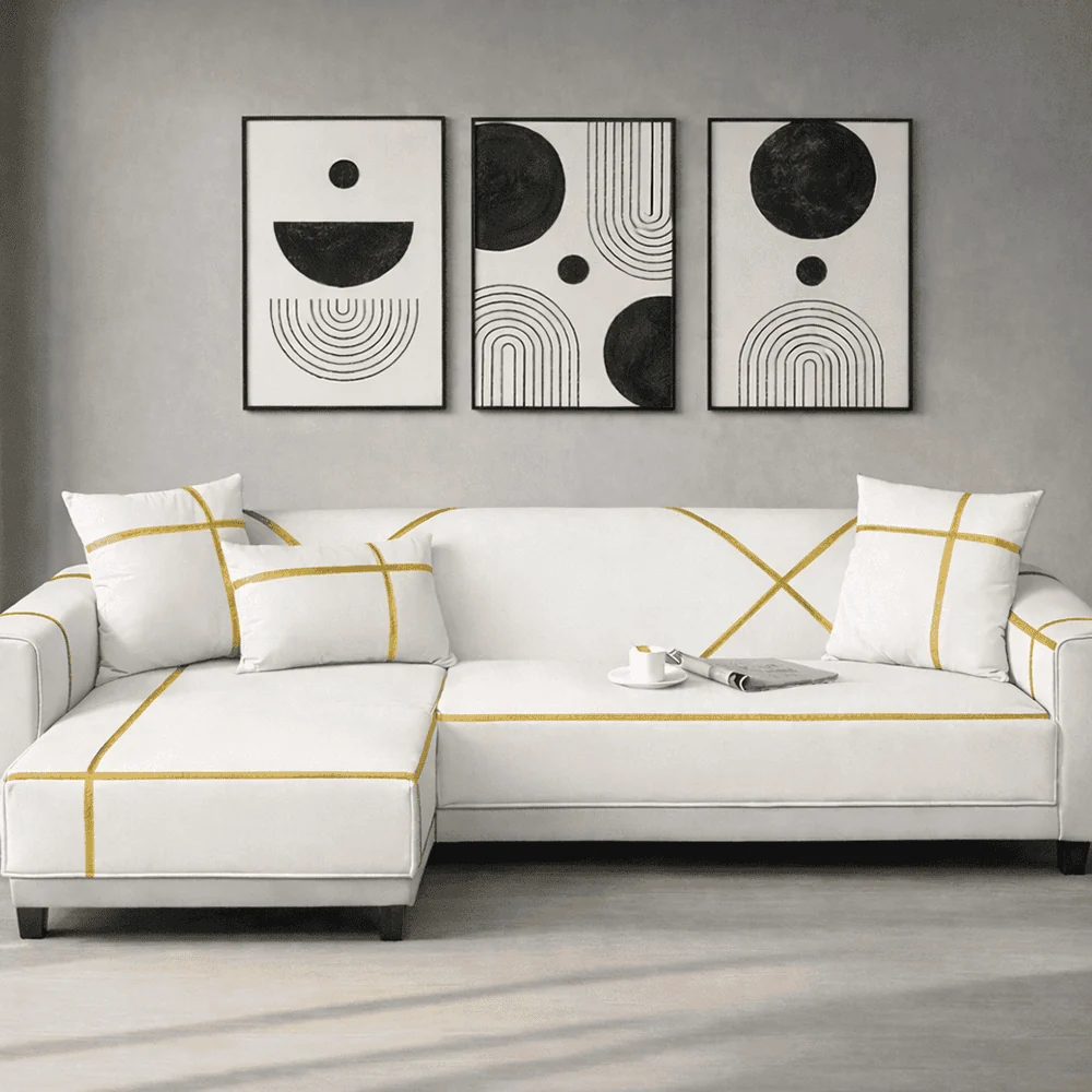 L Shape Velvet Sofa Cover - White 6 Seater